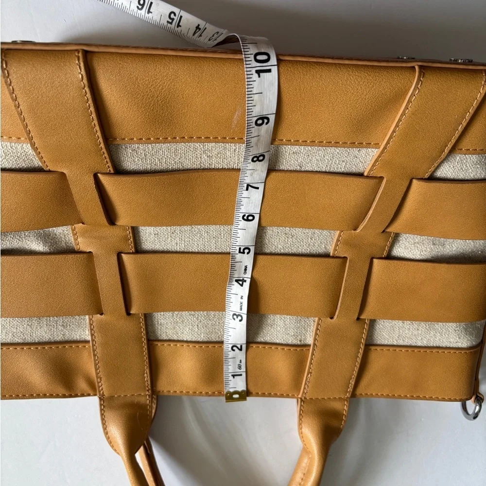 MIZTIQUE TAN NATURAL FAUX LEATHER AND CANVAS HAND BAG ZIP CLOSURE POCKET INSIDE